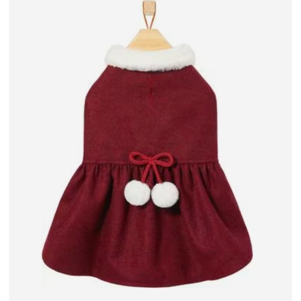 Frisco Dog Pom Pom Bow Peacoat Red M Faux Fur Collar Warm Christmas Holiday